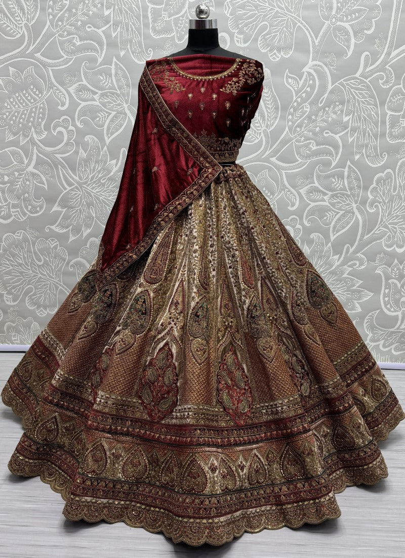 Perfectly Embroidered Velvet Patch work combine bridal Lehengacholi with double dupatta