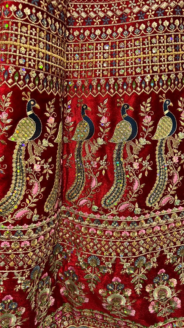 Fabulous embroidery peacock and flower pattern on velvet bridal Lehengacholi Red