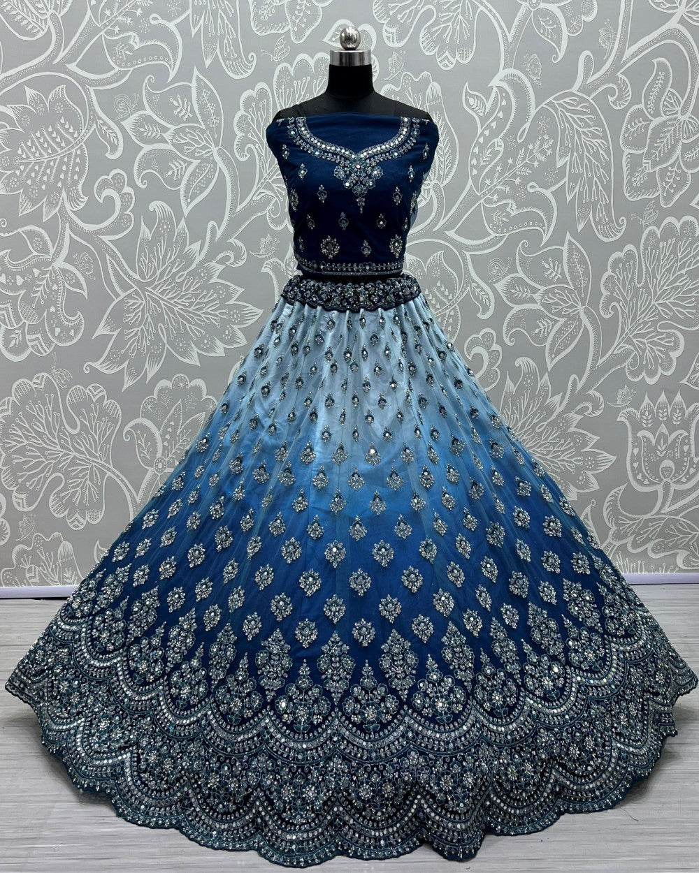 Mirror work in Shaded color Blue Lehenga choli for weeding