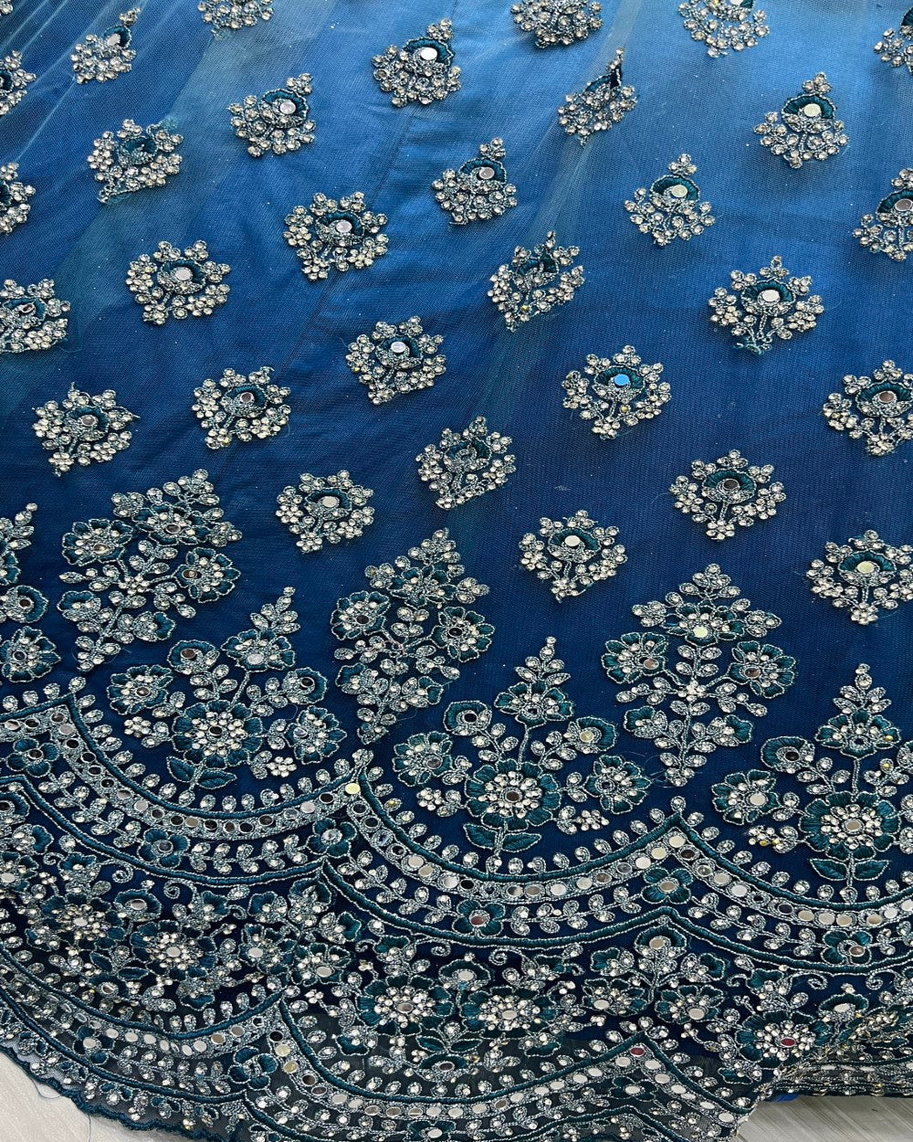 Mirror work in Shaded color Blue Lehenga choli for weeding