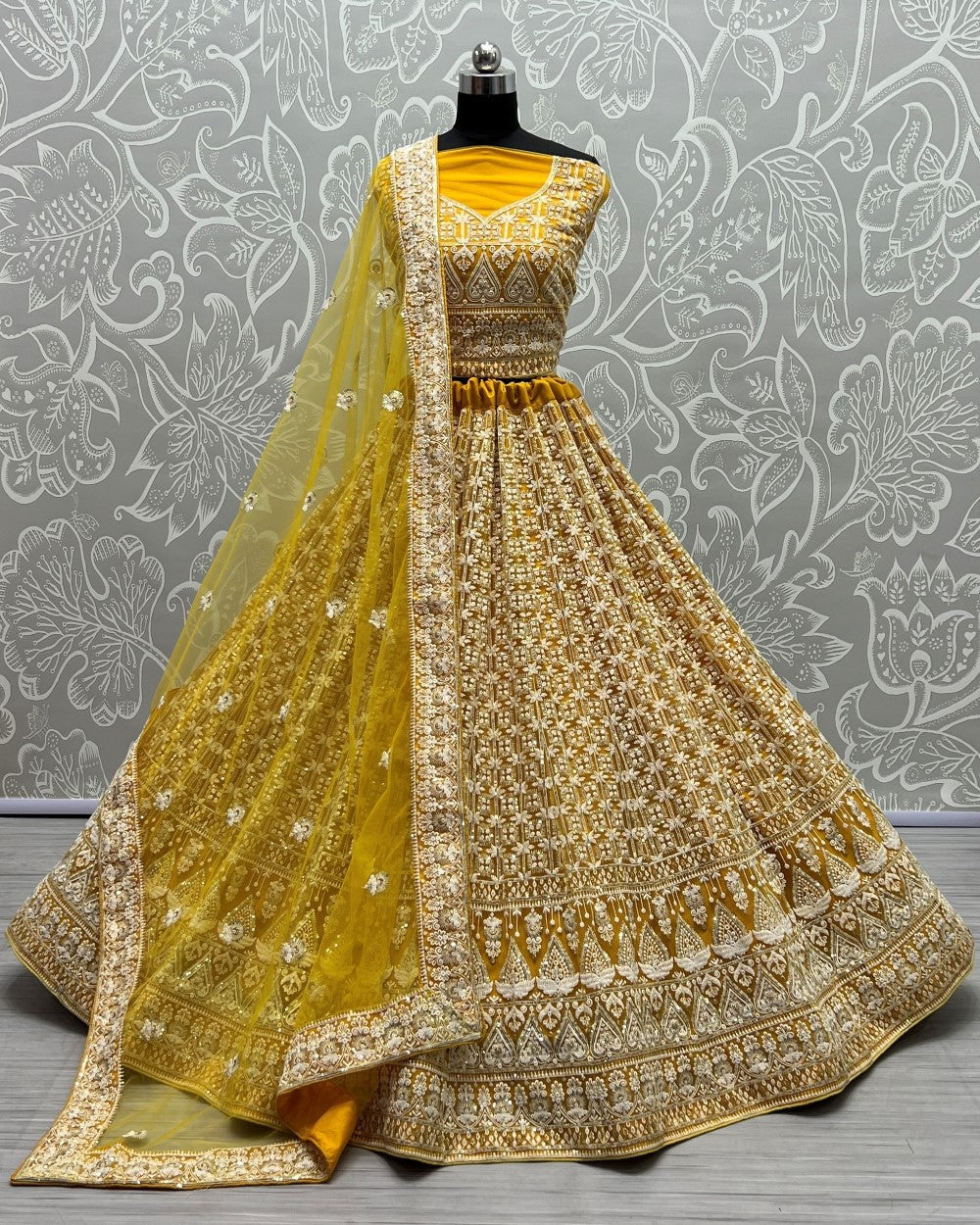 Sequence and patterned thread embroidery Designer Lehengacholi