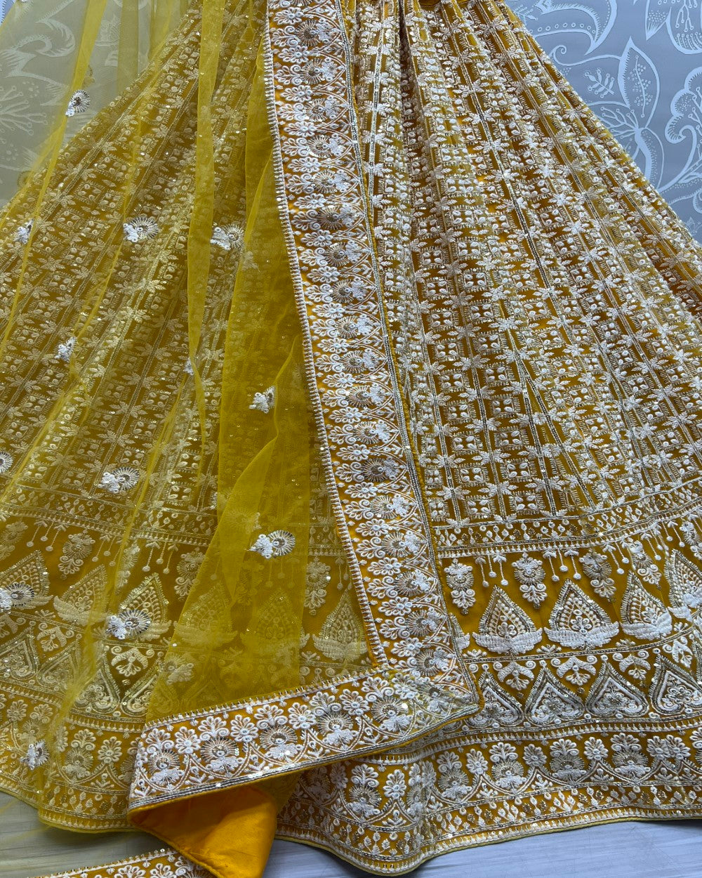 Sequence and patterned thread embroidery Designer Lehengacholi