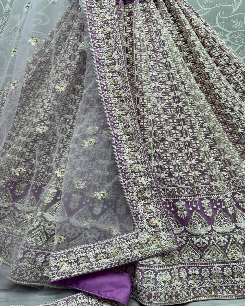 Sequence and patterned thread embroidery Designer Lilac Lehengacholi
