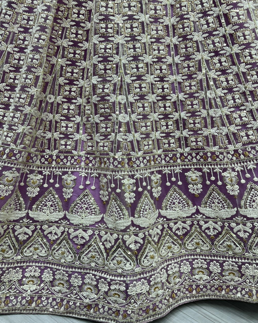 Sequence and patterned thread embroidery Designer Lilac Lehengacholi