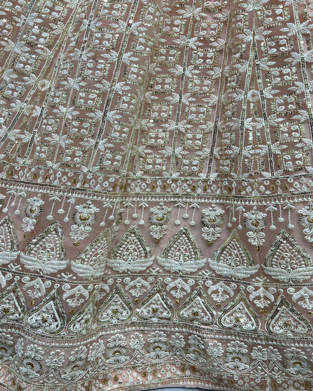 Sequence and patterned thread embroidery Designer Peach Lehengacholi