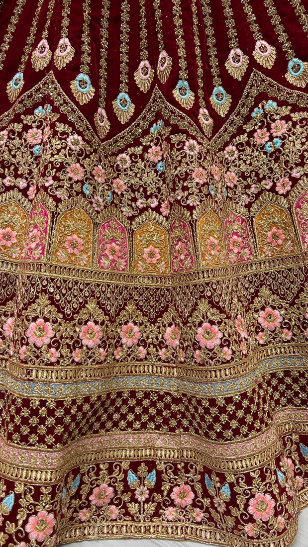 Multi thread and Dori work combine velvet Brown Lehengacholi