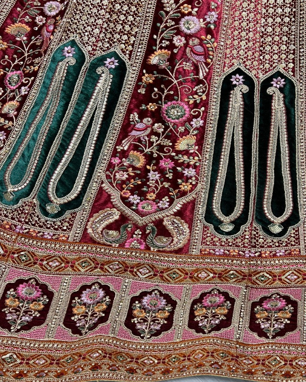 Detailed thread and sequins with embroidered velvet patch work designer double dupatta Bridal Lehengacholi