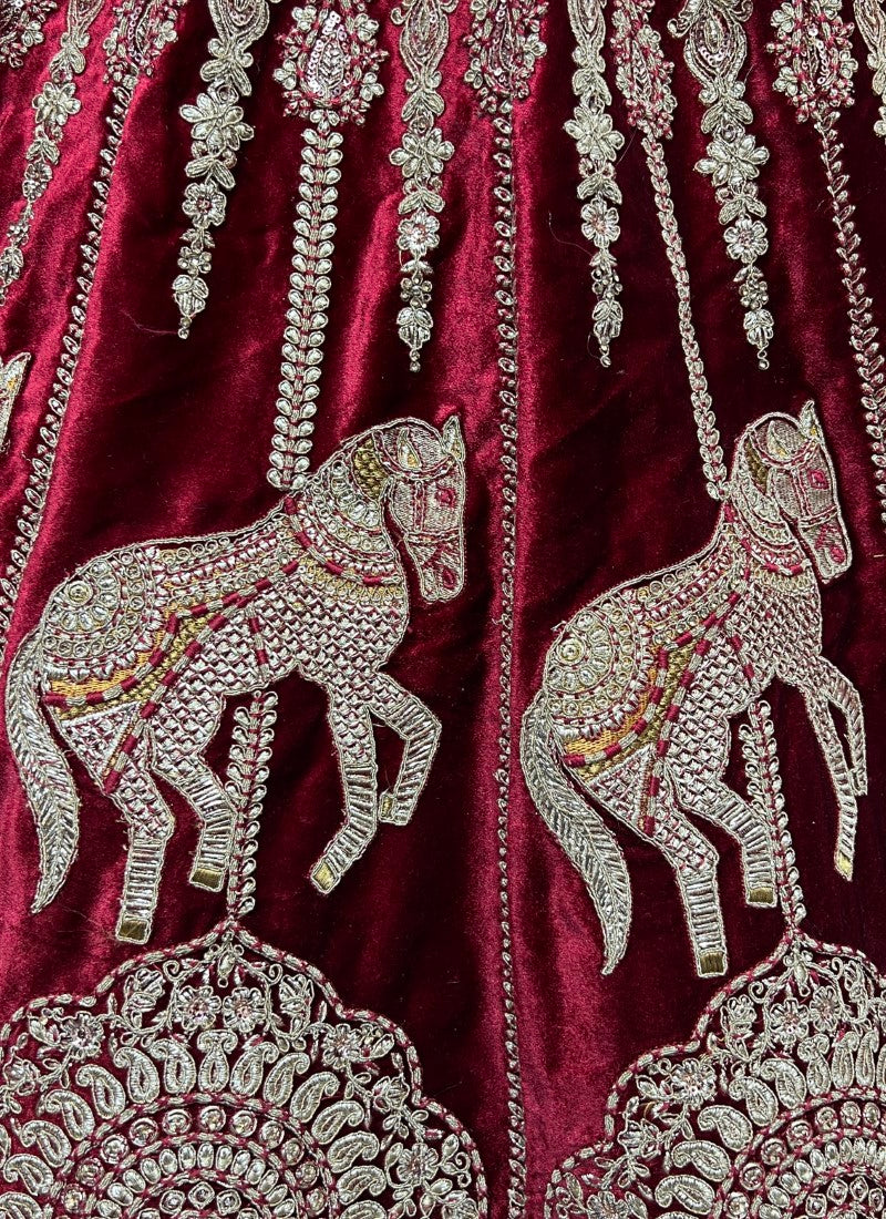 Sabyasachi Inspired Extraordinary Art Of Work and Detailed Embroidery on Maroon Bridal Lehengacholi inspired