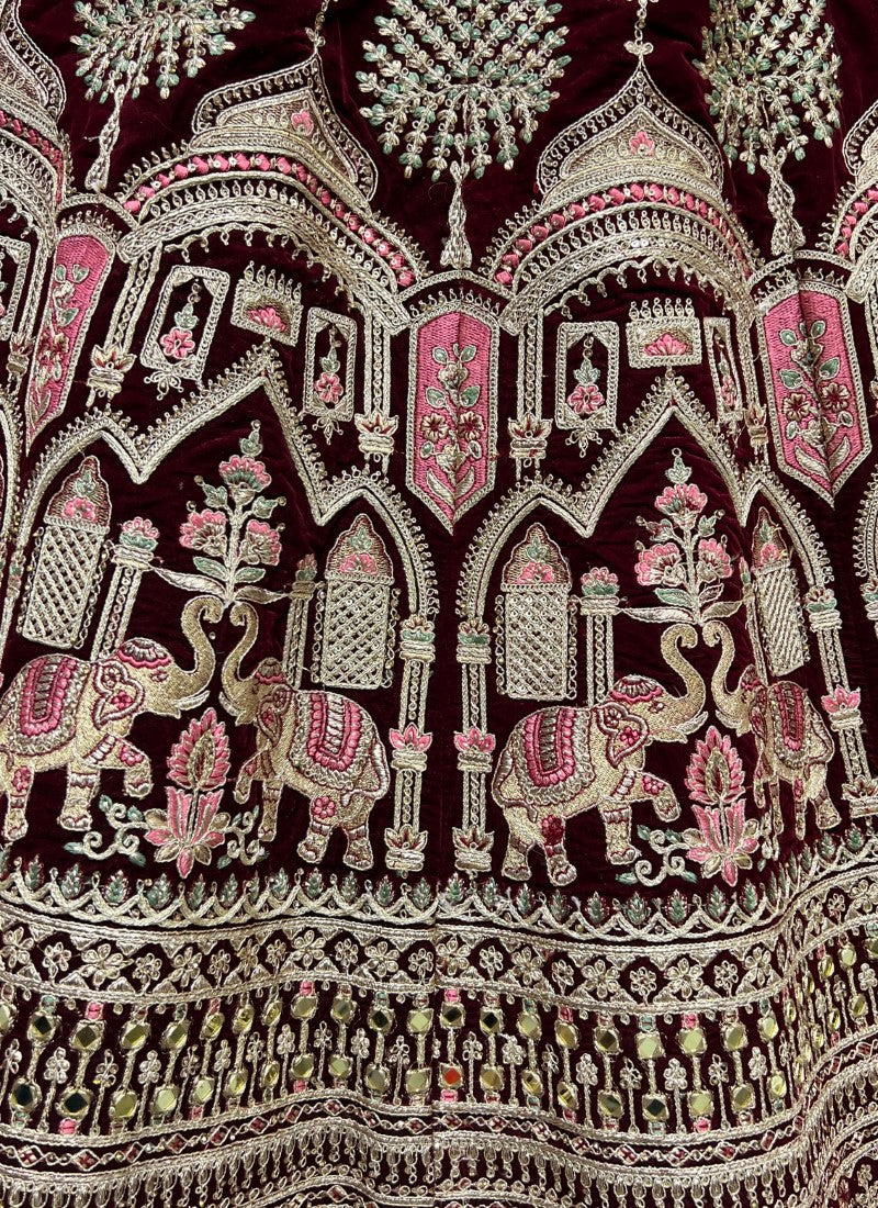 Designer Gajraj Embroidered Maroon Velvet Lehengacholi