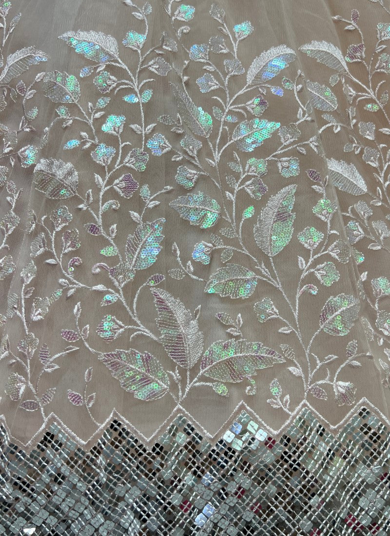 Rainbow Sequins and designer leaf embroidered Peach Lehengacholi with matching purse and Latkan