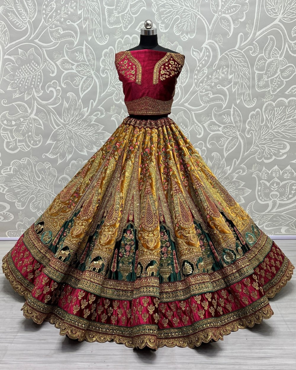 six meter flair designer bridal lehengacholi in mustard and maroon by anjani art