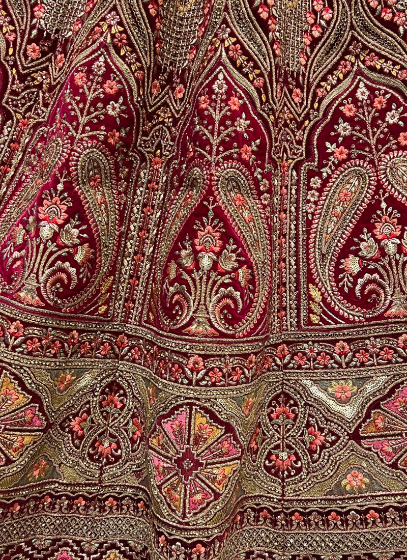 Detailed Zari Embroidered Heavy work with sequins Designer Maroon Bridal Lehengacholi