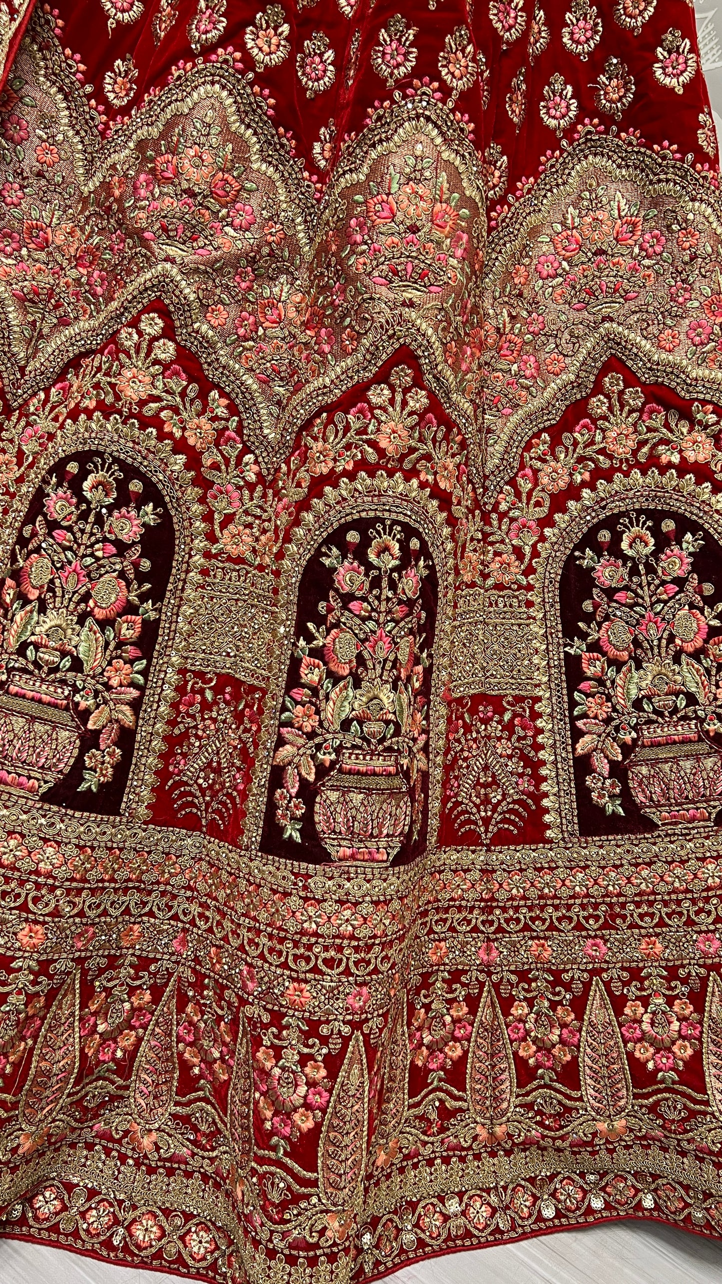 Fabulously Crafted Embroidered Work with Knotted Dori Work Lehengacholi in Velvet Red