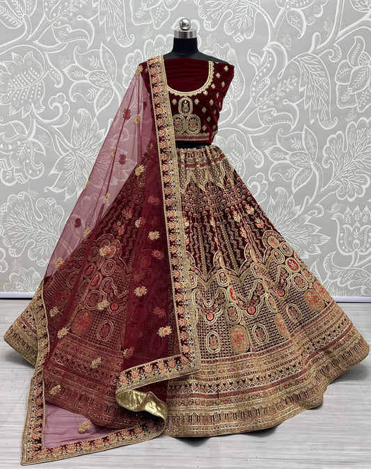 Antique zari and Dori embroidered Velvet Lehengacholi Brown
