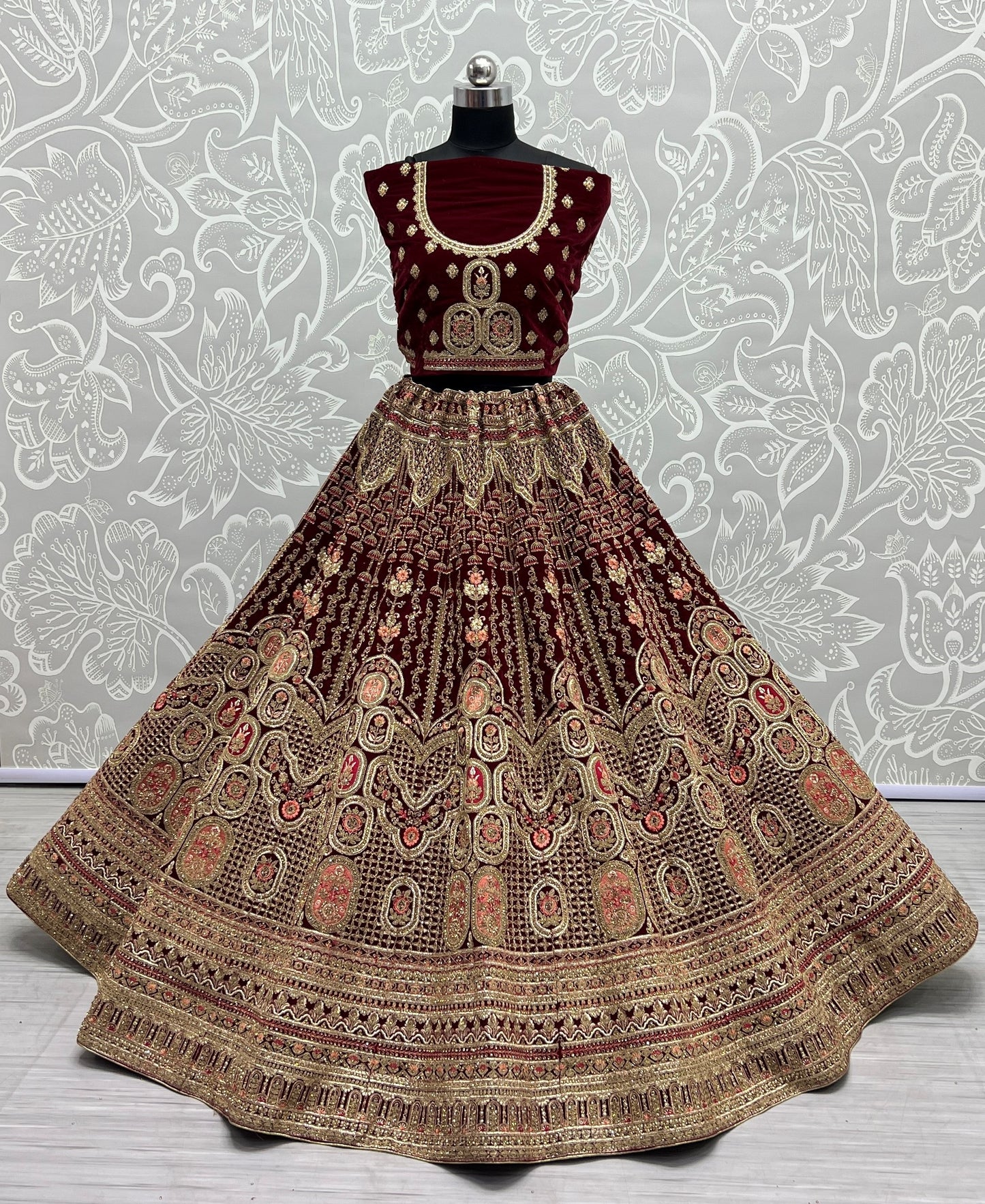 Antique zari and Dori embroidered Velvet Lehengacholi Brown