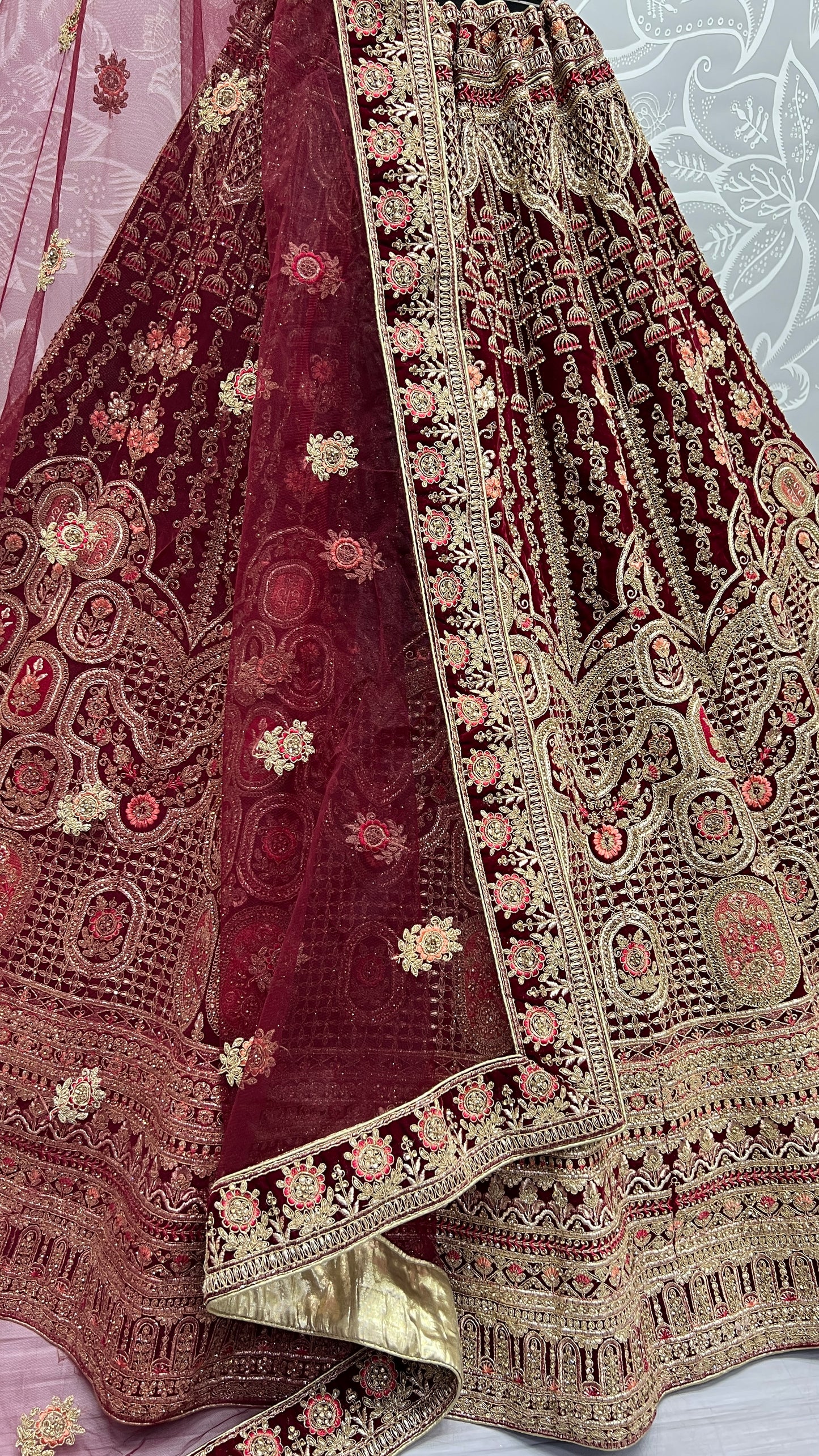 Antique zari and Dori embroidered Velvet Lehengacholi Brown