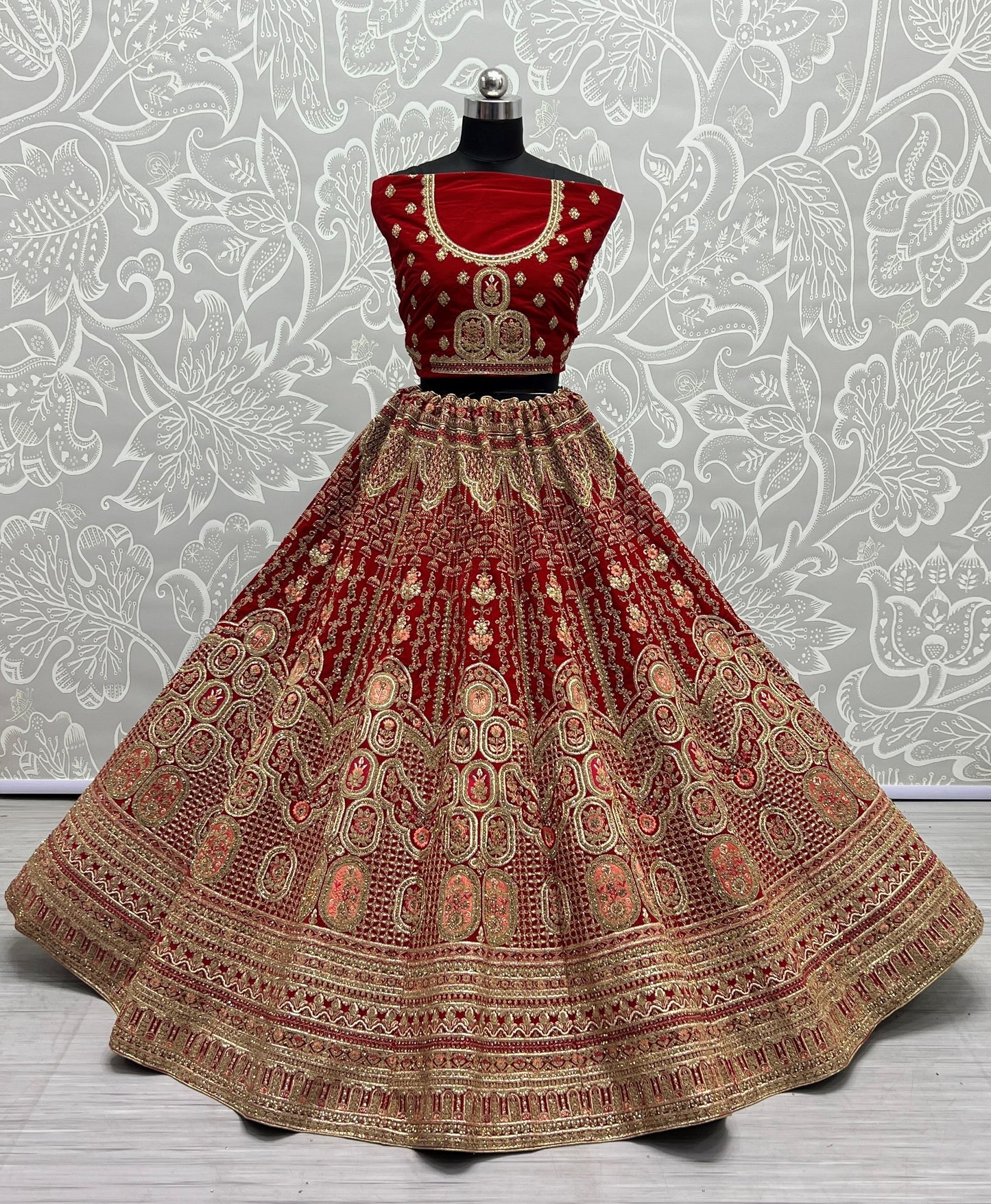 Antique zari and Dori embroidered Velvet Lehengacholi Red
