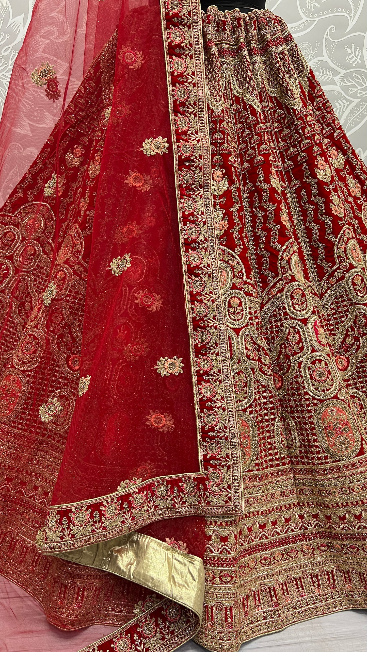 Antique zari and Dori embroidered Velvet Lehengacholi Red