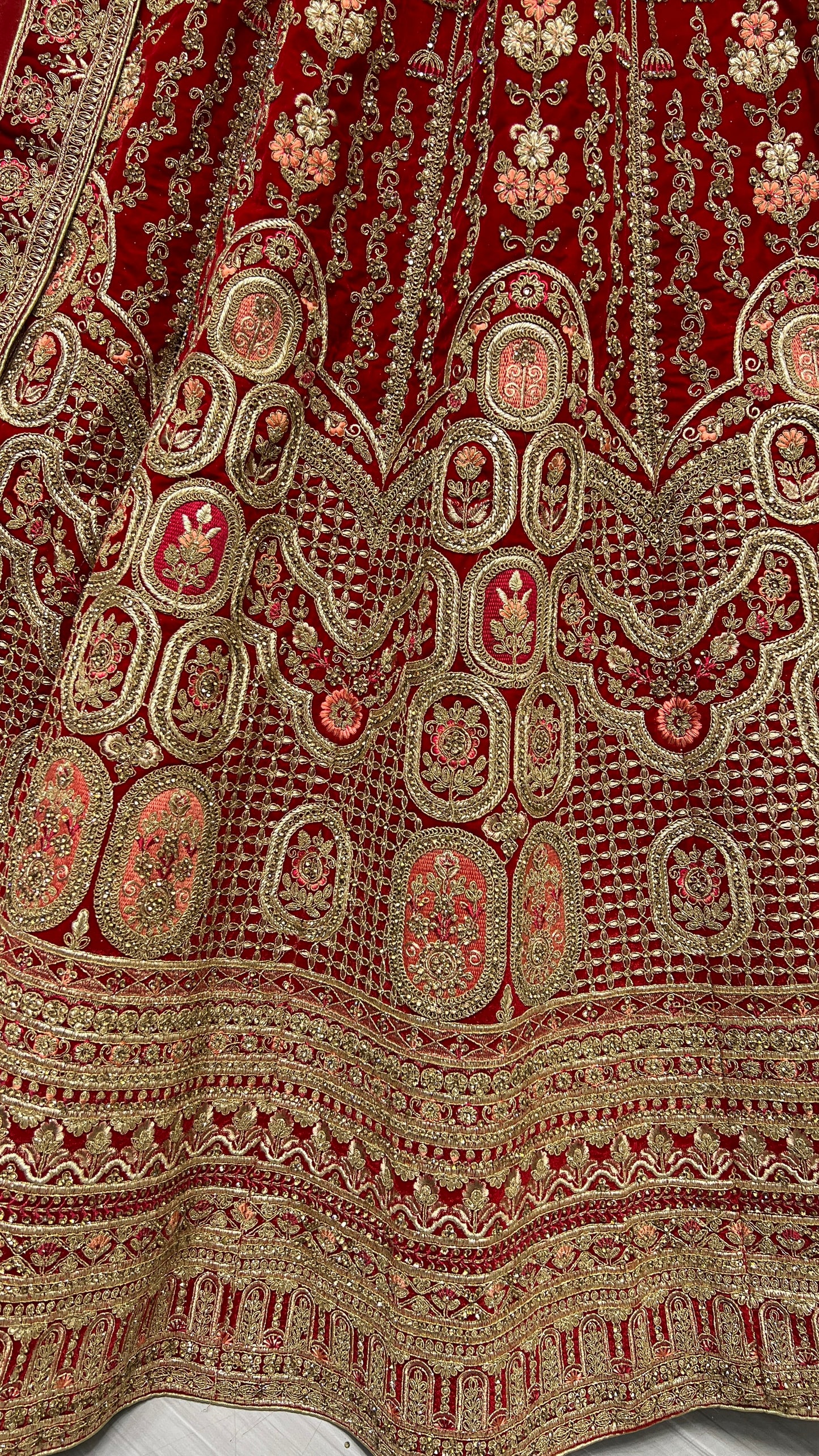 Antique zari and Dori embroidered Velvet Lehengacholi Red
