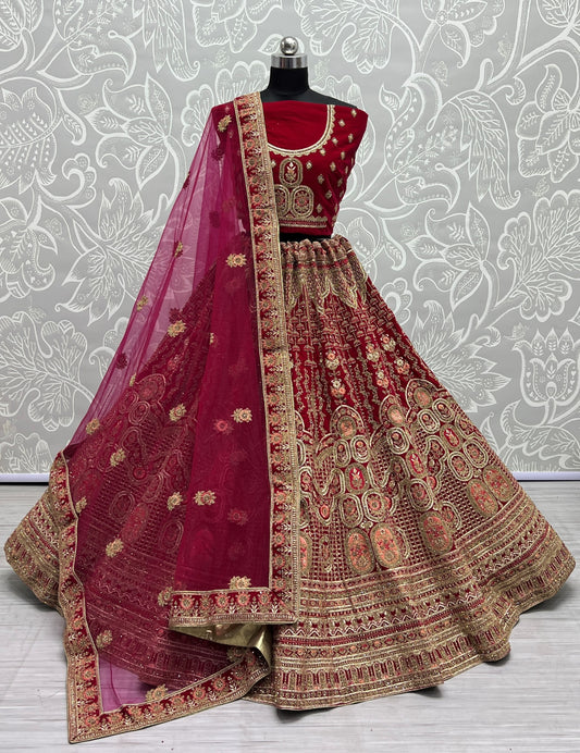 Antique zari and Dori embroidered Velvet Lehengacholi Pink