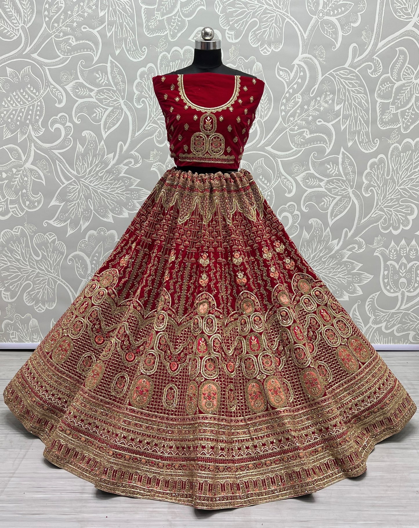 Antique zari and Dori embroidered Velvet Lehengacholi Pink