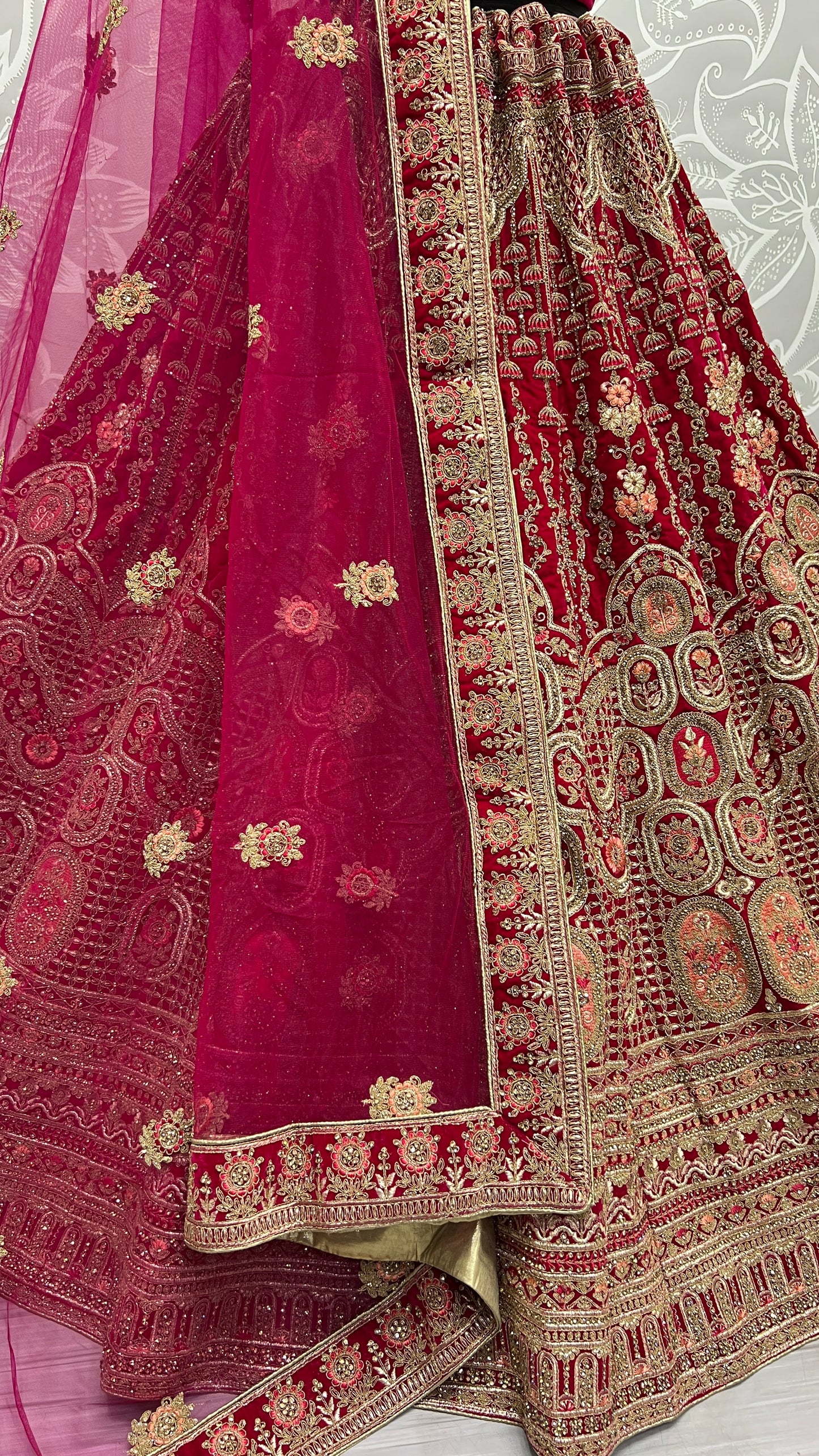 Antique zari and Dori embroidered Velvet Lehengacholi Pink
