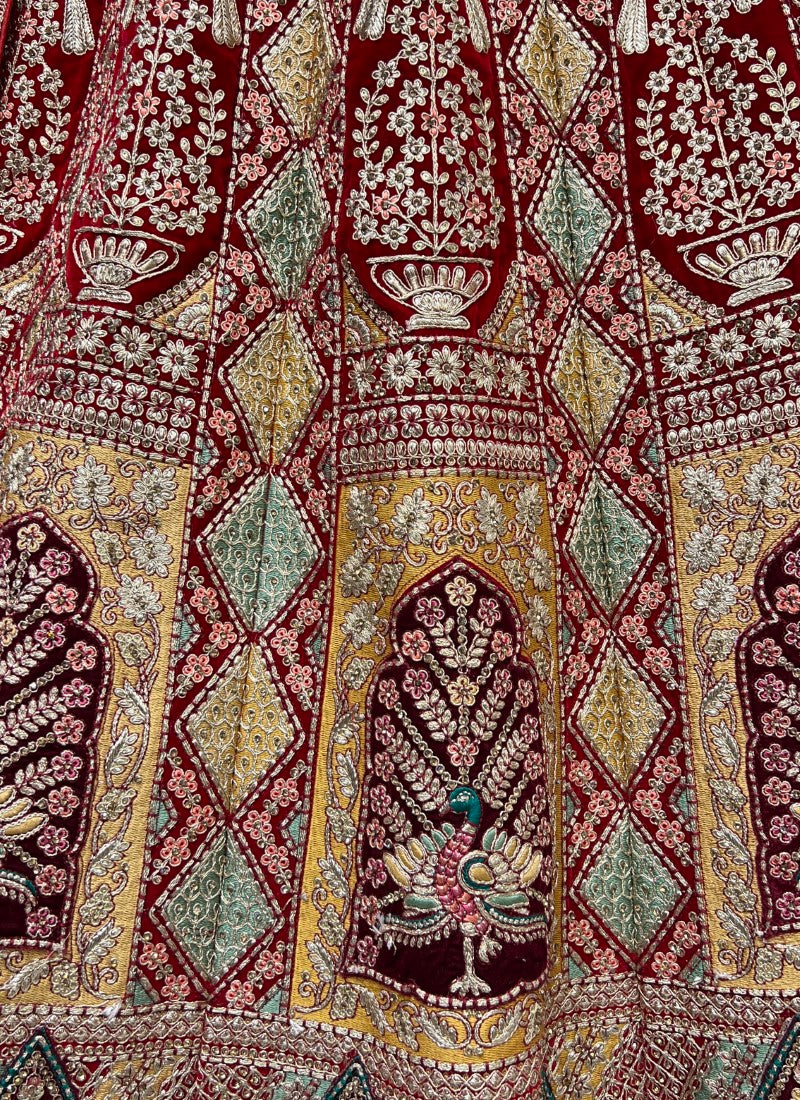 Multi Patterns Work with different patch embroidered Red Lehengacholi