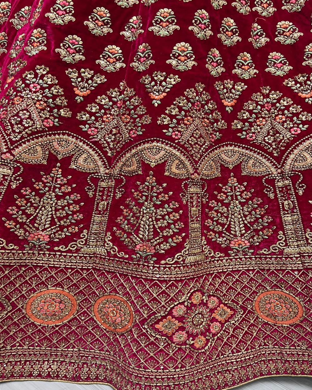 Multi thread work Velvet Rani Pink Lehengacholi