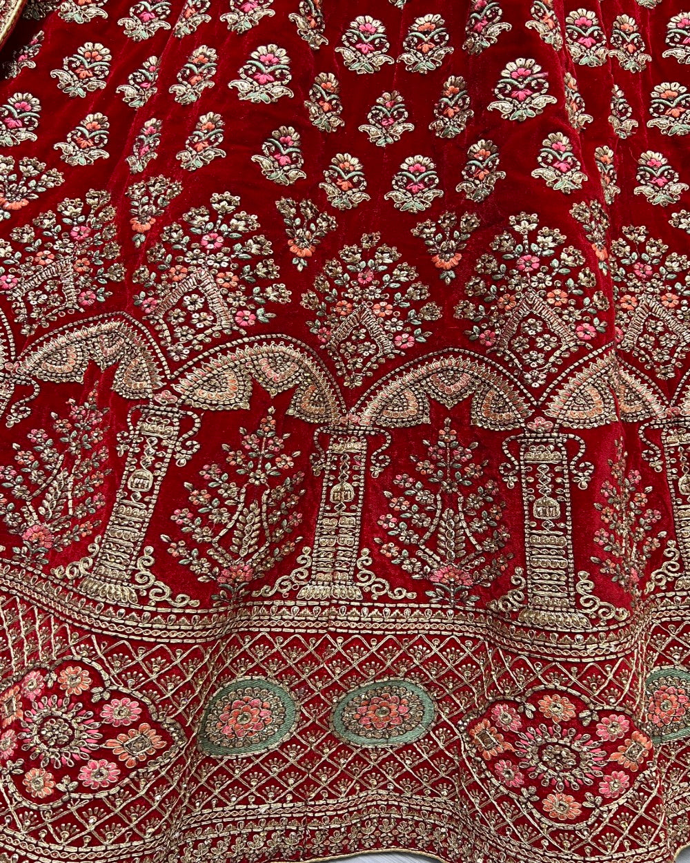 Multi thread work Red Velvet Lehenga choli