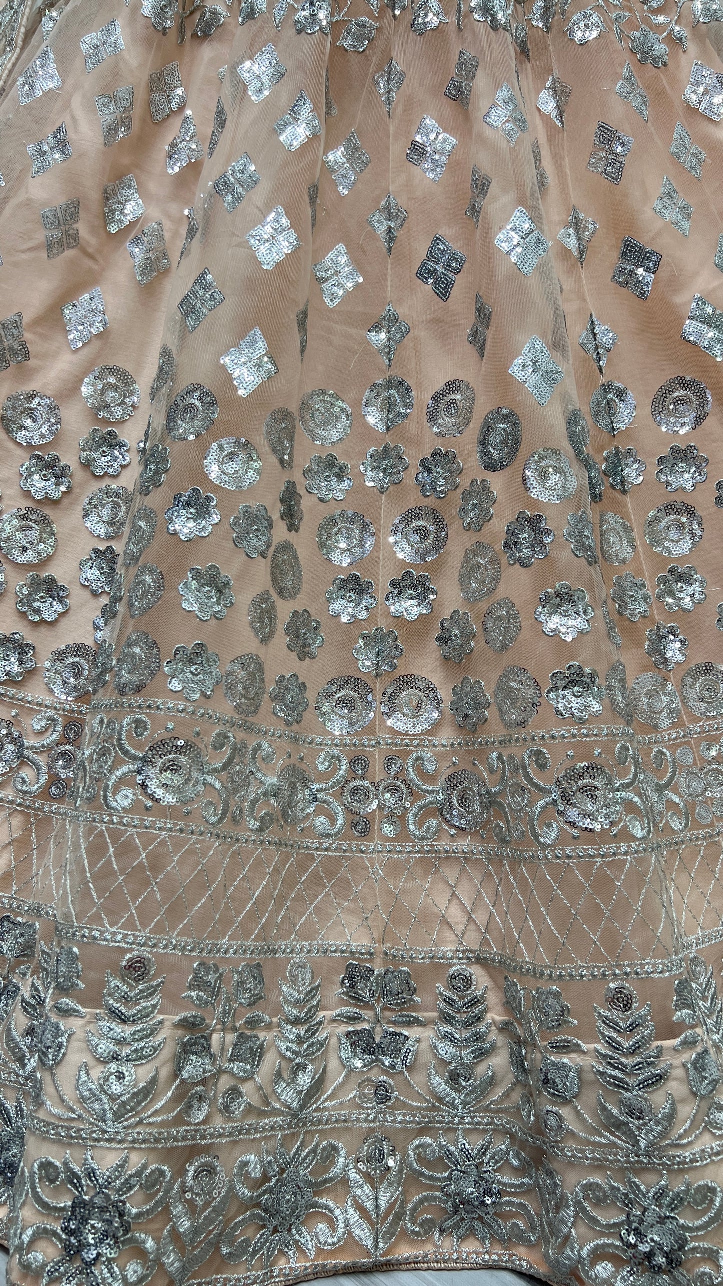 Latest trending German Silver Zari and Sequin Embroidered Designer Lehengacholi Peach