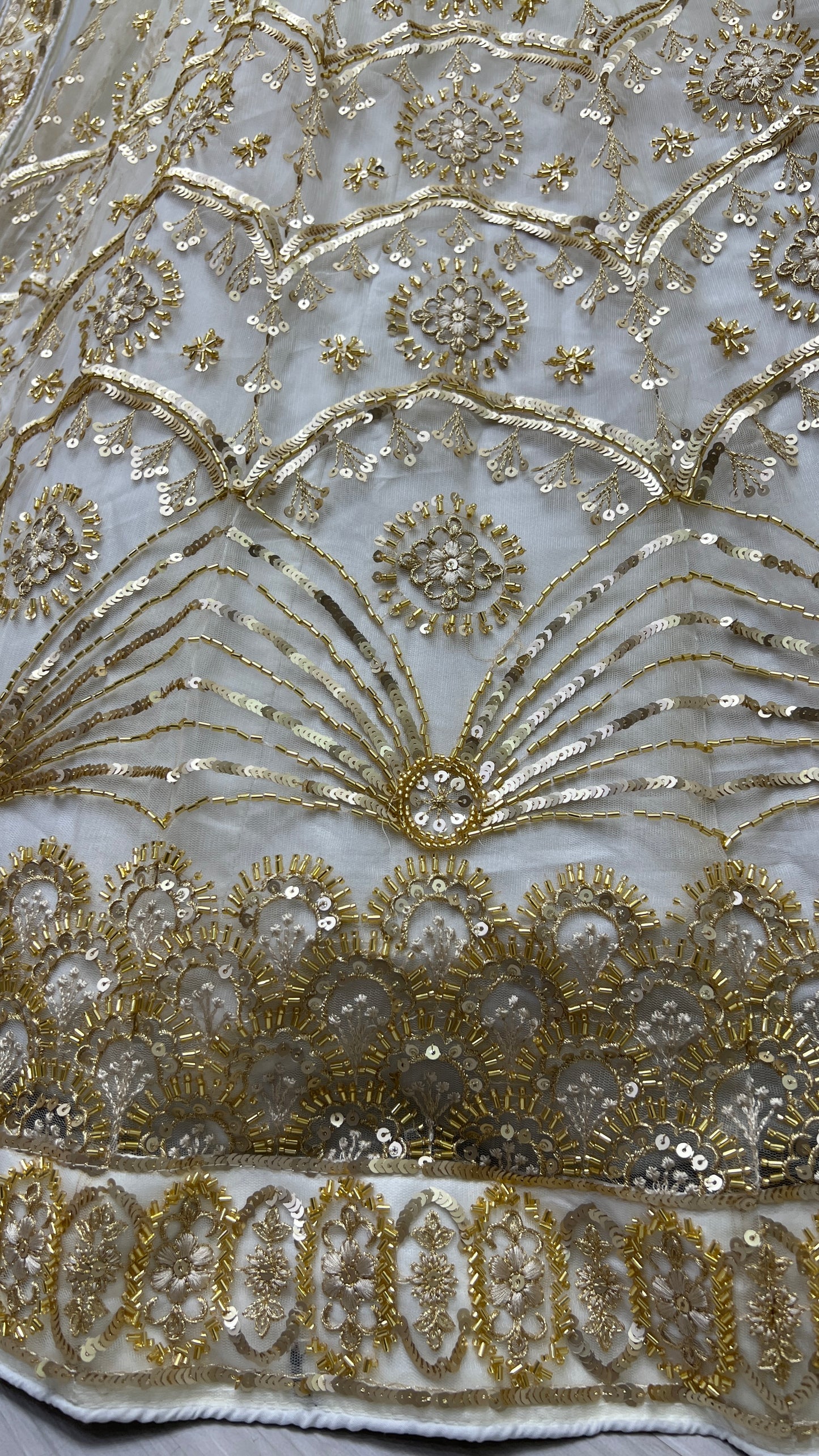 Khatali Work Designer Hand Val and Sequence embedded with Multi Thread Lehengacholi White