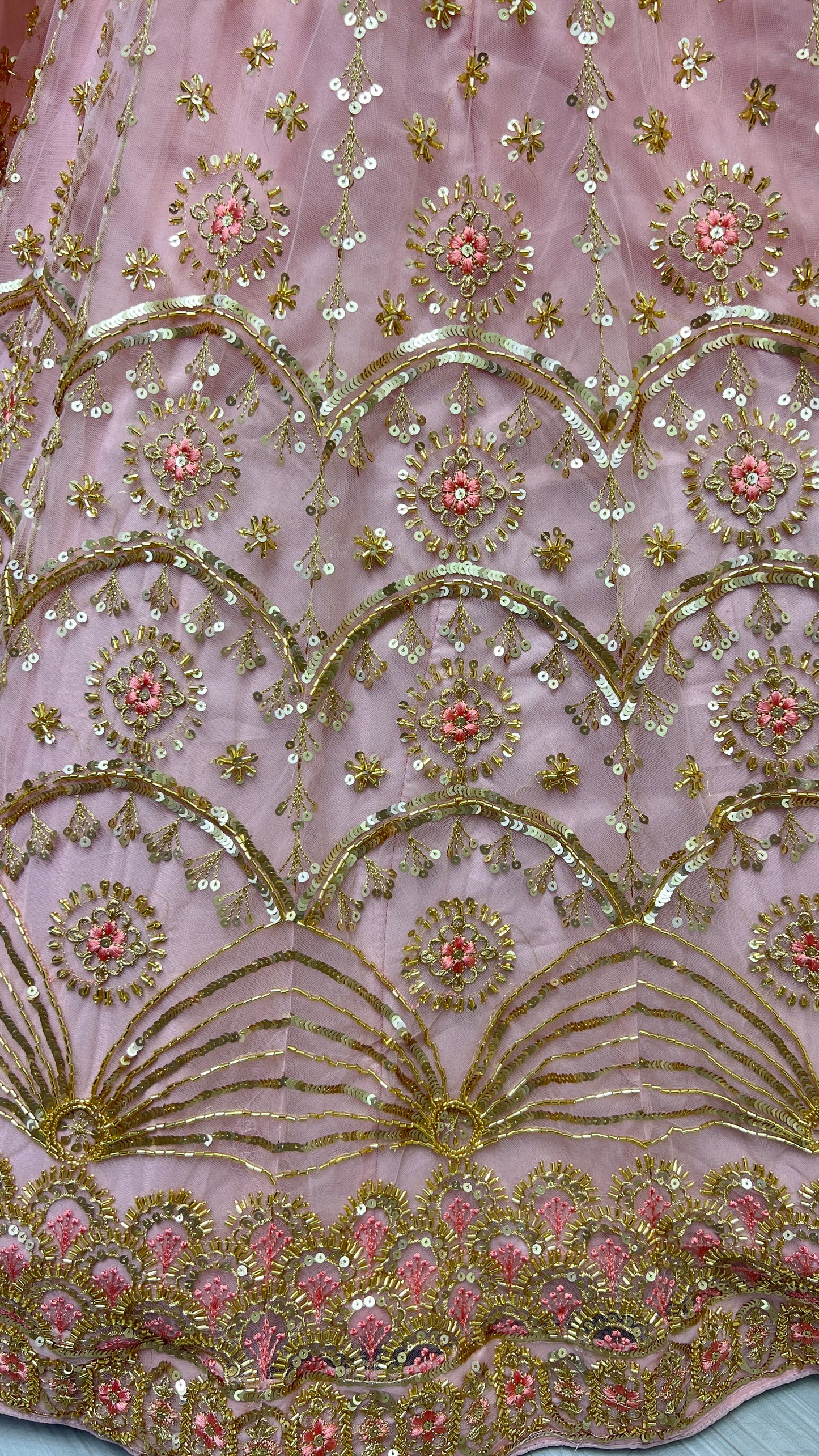 Khatali Work Designer Hand Val and Sequence embedded with Multi Thread Lehengacholi Pink