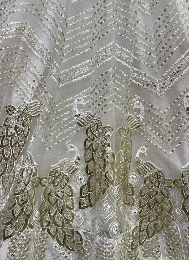 Beautifully Peacock Pattern Embroidered Partywear White Lehengacholi in lightweight