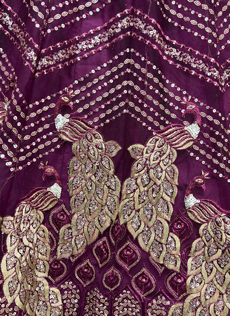 Beautifully Peacock Pattern Embroidered Partywear Dark Purple Lehengacholi in lightweight