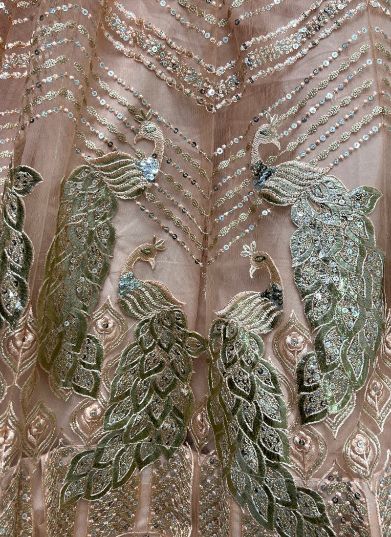 Beautifully Peacock Pattern Embroidered Partywear Cream Lehengacholi in lightweight