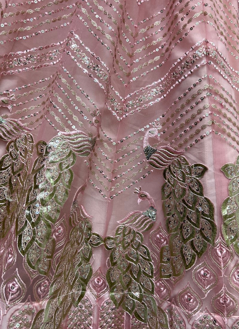 Beautifully Peacock Pattern Embroidered Partywear Light Pink Lehengacholi in lightweight