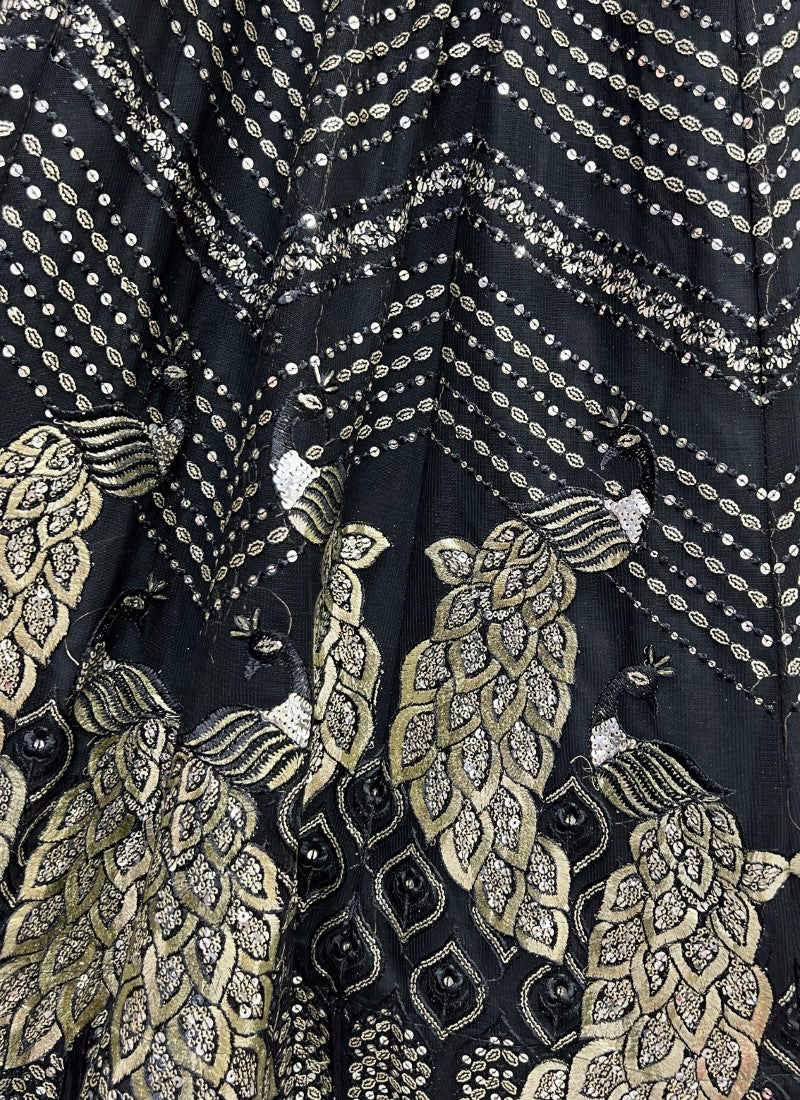 Beautifully Peacock Pattern Embroidered Partywear Black Lehengacholi in lightweight