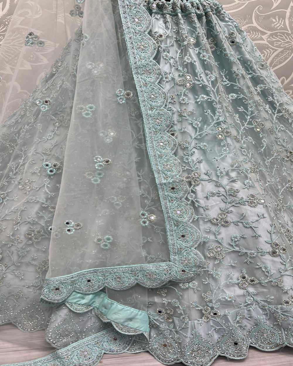 sky blue wedding lehengacholi close up image