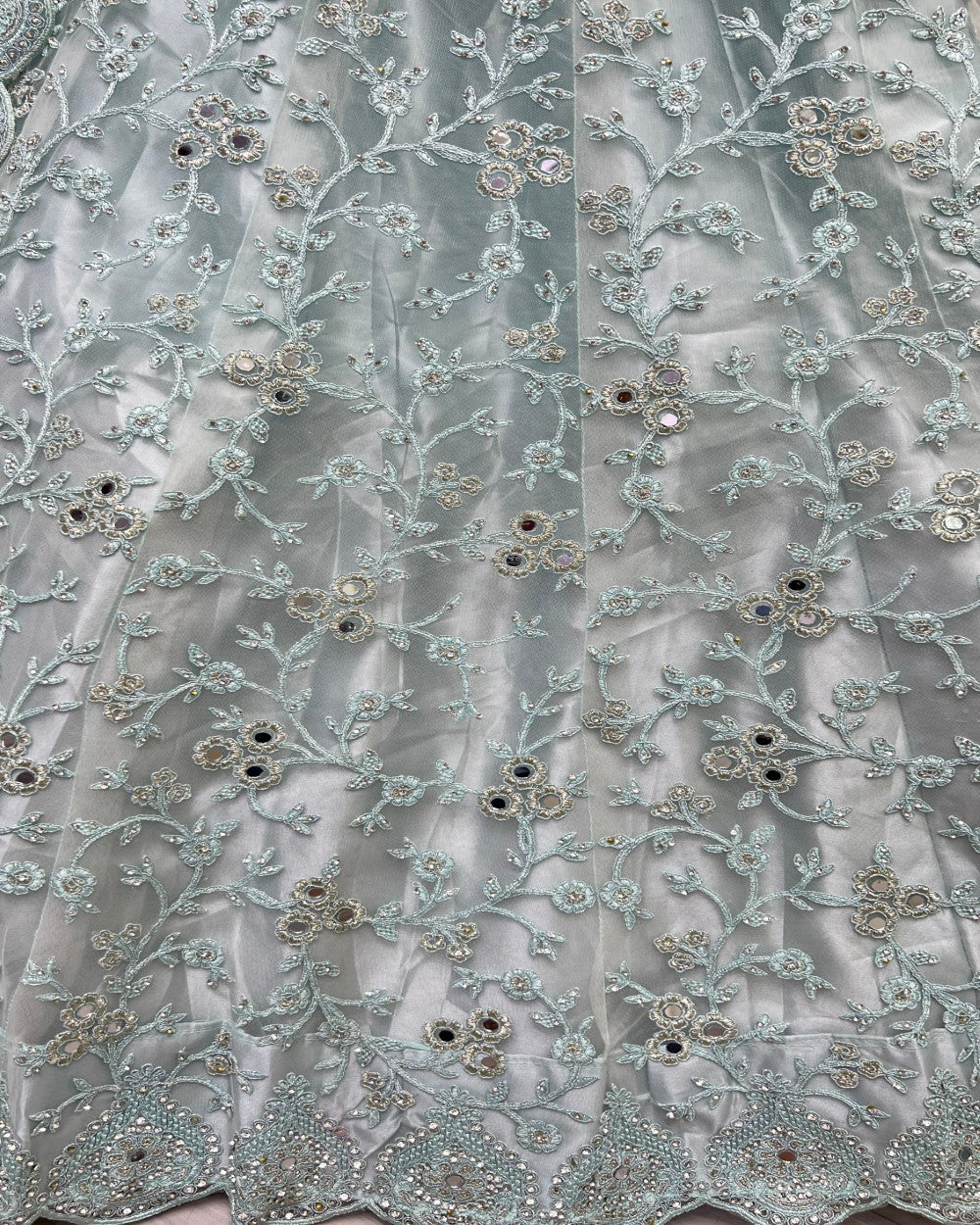 work close up image of skyblue lehenga