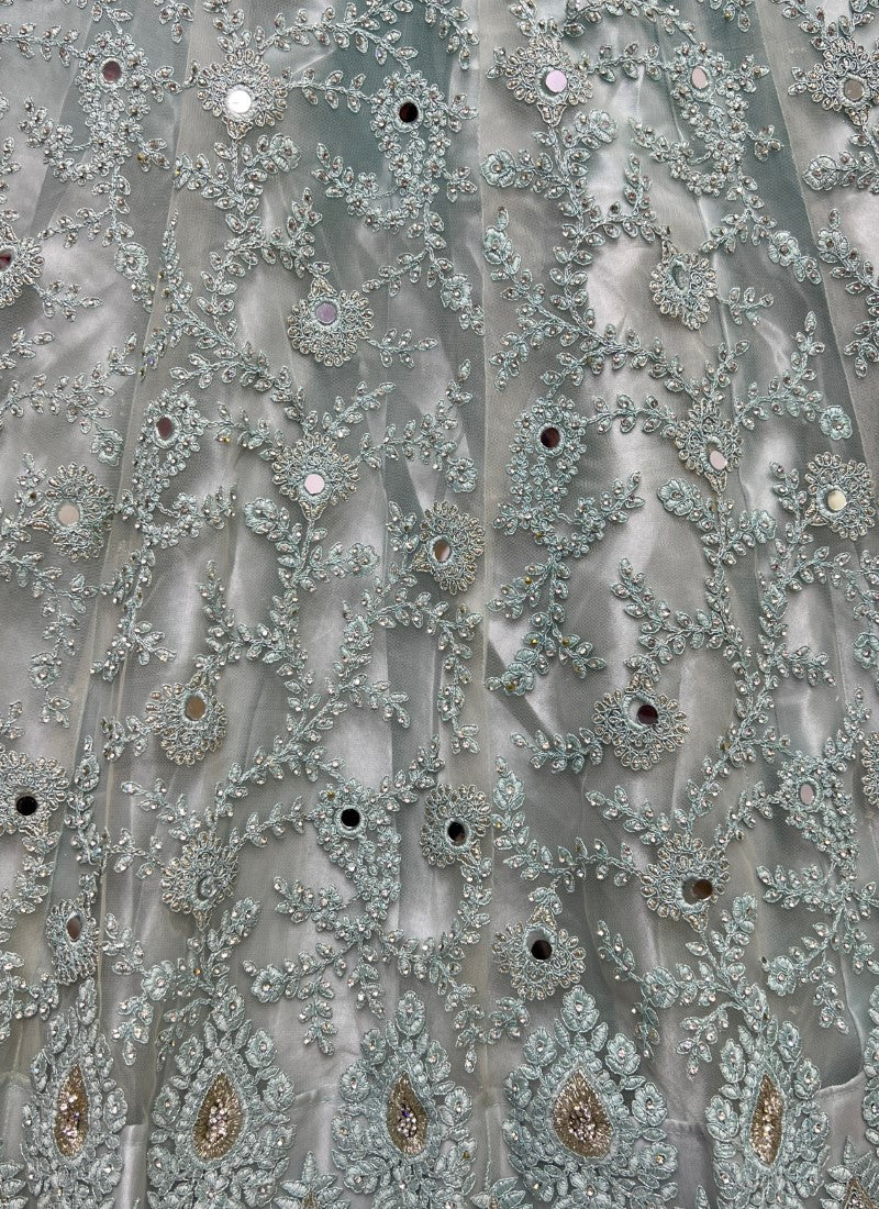 Heavy Bridal Net Embroidered Zircon diamond work Designer Sky Lehengacholi