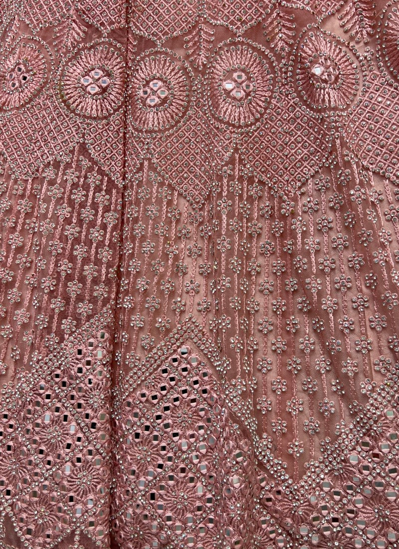 Hand Mirror Crafted Designer Peach Lehengacholi with Zircon Diamond