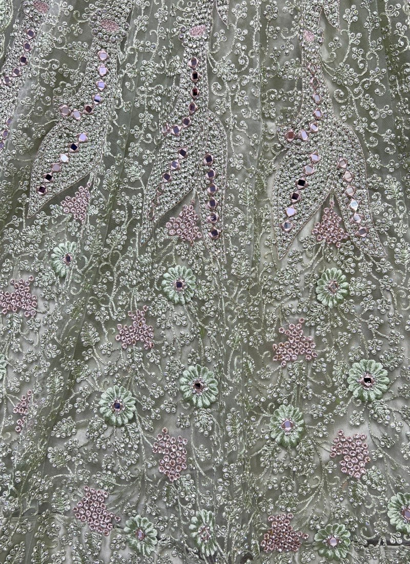 Zircon Diamond studded With Handwork Mirror attached Designer Party wear Pista Lehengacholi