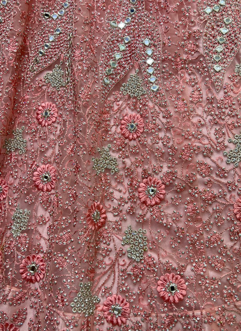 Zircon Diamond studded With Handwork Mirror attached Designer Party wear Peach Lehengacholi