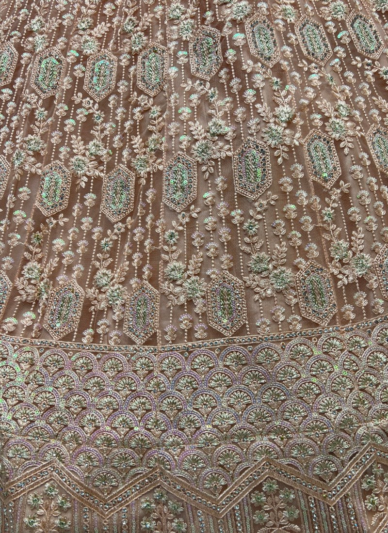 Detailed sequins Embroidery with thread work partywear Peach Lehengacholi