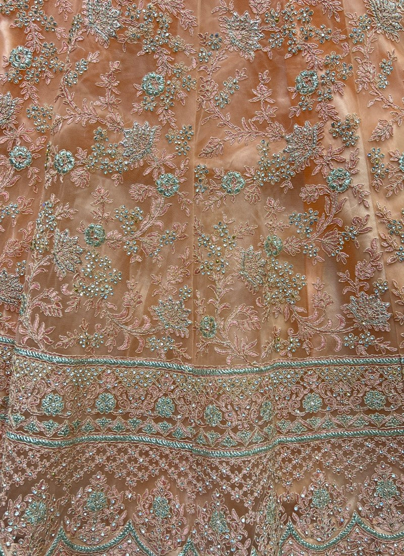 Fantastic Net Embroidered Designer Partywear Peach Lehengacholi