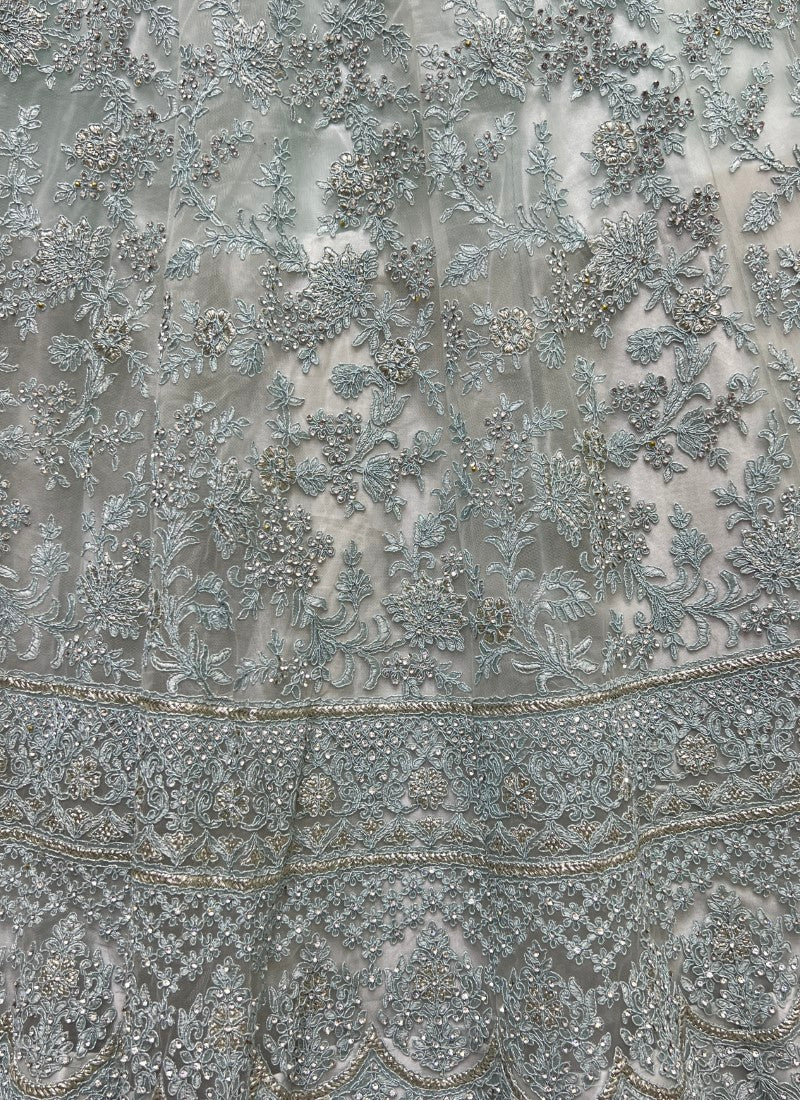 Fantastic Net Embroidered Designer Partywear Cyan Lehengacholi