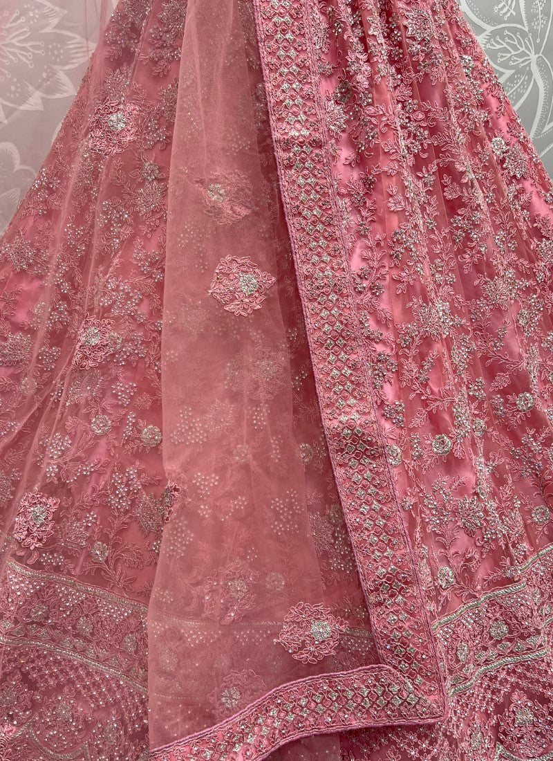 Fantastic Net Embroidered Designer Partywear Pink Lehengacholi