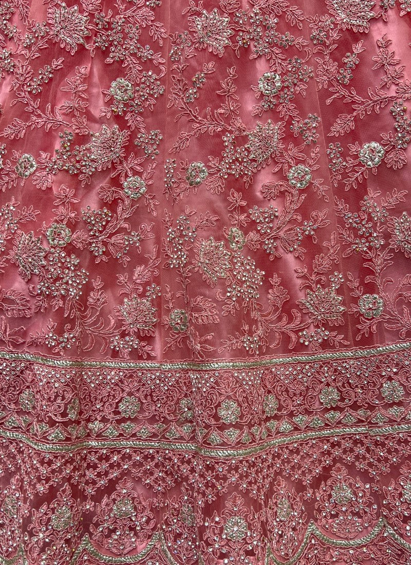 Fantastic Net Embroidered Designer Partywear Pink Lehengacholi