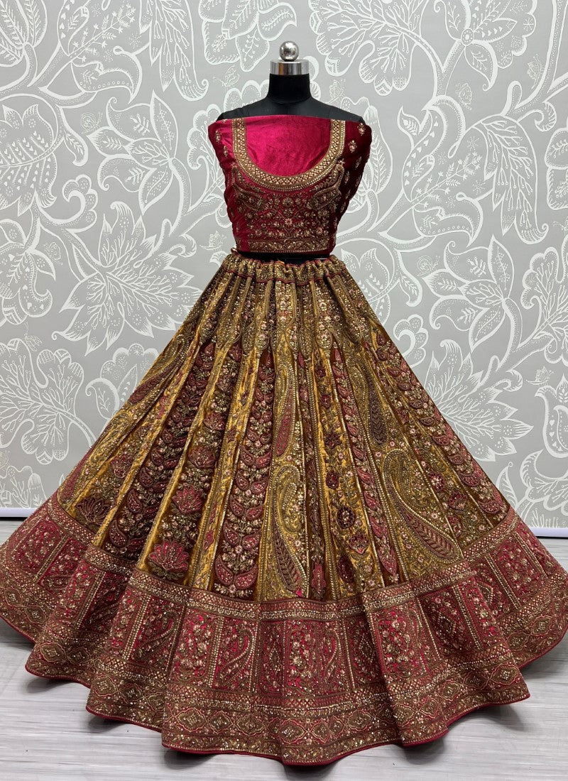 Designer Heavy Dori Embroidery with Beautiful crafted Velvet Work Patch work Bridal Mustard Lehengacholi