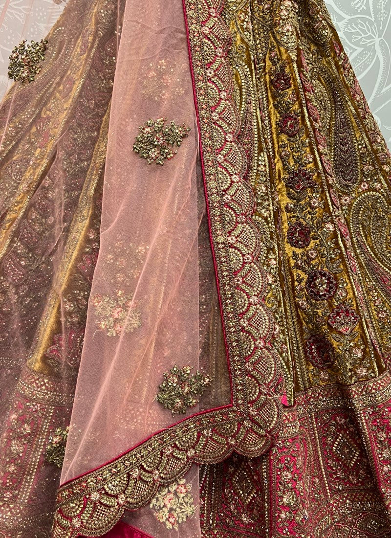 Designer Heavy Dori Embroidery with Beautiful crafted Velvet Work Patch work Bridal Mustard Lehengacholi